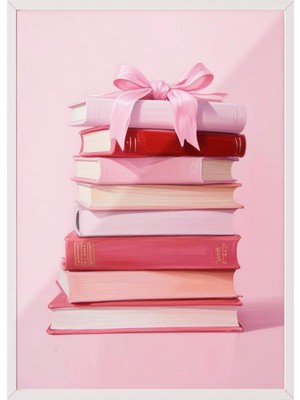 1001 Beyaz Çerçeveli Tablo Pembe Kurdeleli Kitaplar – Feminen Sanat Genç Odası Dekoru Poster 103523