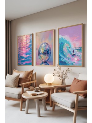 1001 Ahşap Çerçeveli 3’lü Tablo Seti Neon Waves – Disko & Surf Salon Set 30074, 21 x 30