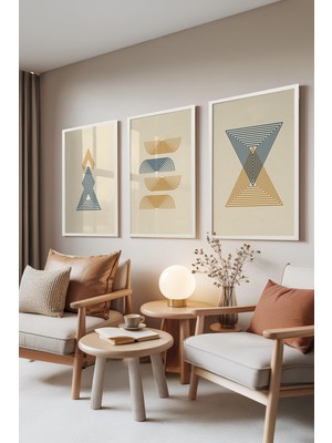 1001 Beyaz Çerçeveli 3’lü Tablo Seti Triangle Waves – Çizgisel Simetri Ofis Set 30094, 70 x 100