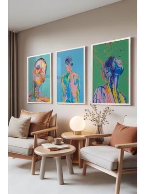1001 Beyaz Çerçeveli 3’lü Tablo Seti Chromatic Emotion – Renkli Modern Insan Figürleri Set 30127