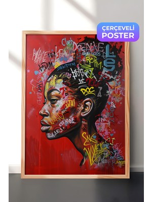 1001 Ahşap Çerçeveli Duvar Tablosu Graffiti Stilinde Renkli Kadın Portresi Salon Dekoru, 70 x 100