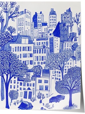 1001 Poster Mavi Çizim Şehir Manzarası – Minimal Kent Dokusu Salon Dekoru, 10 x 15