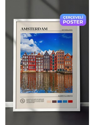 1001 Beyaz Çerçeveli Duvar Tablosu Amsterdam Kanal Evleri Renkli Şehir Manzarası Salon Dekoru, 10 x 1