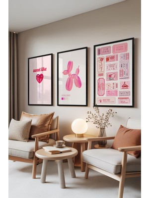 1001 Siyah Çerçeveli 3’lü Tablo Seti Sweet Like – Pembe Balon Serisi Genç Odası Set 30071, 30 x