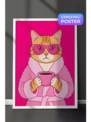 1001 Beyaz Çerçeveli Duvar Tablosu Pembe Glam Kedi Kahve Ritüeli Salon Dekoru, 50 x 70
