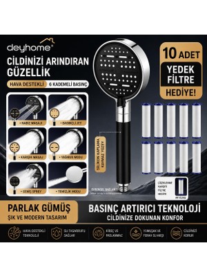 1001 Filtreli Duş Başlığı, 6 Kademeli Su Akışlı, Basınç Artırıcı, Kaymaz Silikon Kaplama, Si