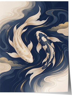 1001 Premium Poster Bulutlu Mavi Akışta Huzurlu Koi Harmanı Salon Dekoru, 30 x 40