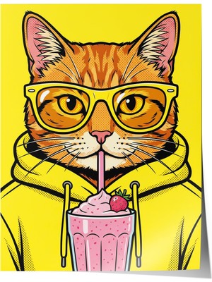 1001 Poster Neon Sarı Pop Art Gözlüklü Kedi Çocuk Odası Dekoru, 15 x 21
