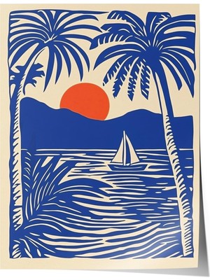 1001 Poster Mavi Turuncu Palmiye ve Yelkenli Salon Dekoru, 50 x 70