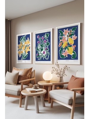 1001 Beyaz Çerçeveli 3’lü Tablo Seti Modern Botanical Illüstrasyon – Salon Set 30139, 70 x 100