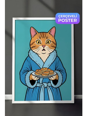 1001 Beyaz Çerçeveli Duvar Tablosu Mavi Bornozlu Kedi ve Pankek Ritüeli Pop Art Salon Dekoru, 21 x 30