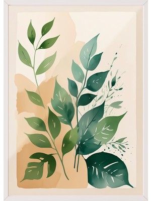 1001 Beyaz Çerçeveli Tablo Yeşil Yapraklı Minimal Bitki Salon Dekoru Poster 100207, 21 x 30