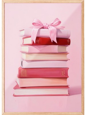 1001 Ahşap Çerçeveli Tablo Pembe Kurdeleli Kitaplar – Feminen Sanat Genç Odası Dekoru Poster 10352