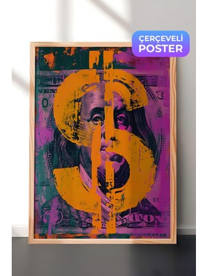 1001 Ahşap Çerçeveli Duvar Tablosu Renkli Dolar Sembolü Pop Art Portre Çalışması Salon Dekoru, 70
