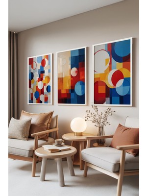 1001 Beyaz Çerçeveli 3’lü Tablo Seti Renkli Daireler ve Soyut Bloklar Modern Ev Set 30017, 50 x 70