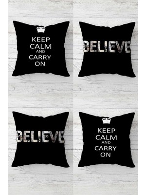Kazan Hobi Pelangi Keep Calm And Carry On Believe Yazı Gizli Fermuarlı Kırlent Kılıfı Koltuk Yastık Kılıfı TAKIM(4ADET), Koyu Siyah 45 x 45
