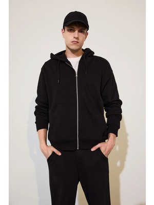 DeFacto Relax Fit Kapüşonlu İçi Yumuşak Tüylü Kalın Kumaş Fermuarlı Sweatshirt D7599AX26AU