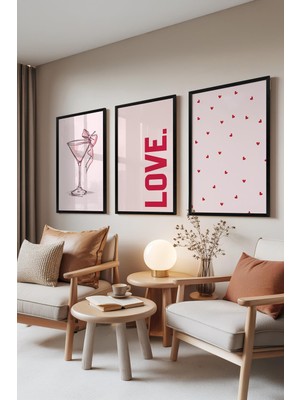 1001 Siyah Çerçeveli 3’lü Tablo Seti Love Cocktail – Romantik Minimal Yatak Odası Set 30076, 21 x