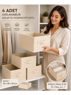 Mor Bebe 4'lü Krem Kumaş Katlanabilir Dolap Içi Düzenleyici Kutu 45X30X20 cm | Kıyafet ve Giysi Organizer Saklama Kutusu