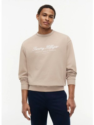 Tommy Hilfiger Bej Erkek Bisiklet Yaka Sweatshirt MW0MW43187AEG_NAUTICAL Tıpped Coll