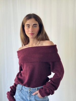 Retrobird Omuz Dekolteli Straplez Katlamalı Triko Kazak Kadın Bordo