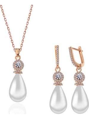 Inure Jewelry Gümüş Rose Damla İnci Kadın Set