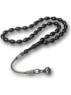 Inure Jewelry Gümüş Kazaz Püsküllü Siyah Sıkma Kehribar Tesbih