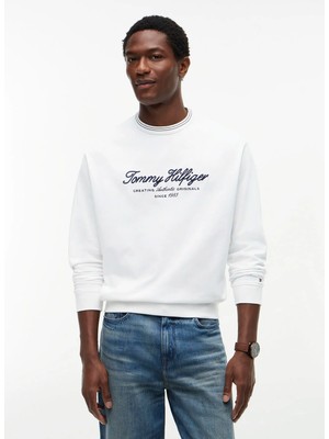Tommy Hilfiger Beyaz Erkek Bisiklet Yaka Sweatshirt MW0MW43187YBR_NAUTICAL Tıpped Coll