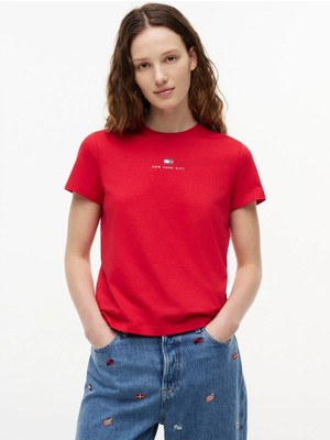Tommy Jeans Kırmızı Kadın Bisiklet Yaka Baskılı T-Shirt DW0DW22789XK9