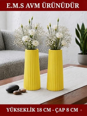 E.M.S 2 Adet Sarı Renk Uzun Büyük Boy Çizgili Vazo Bohem Uzun Vazo Iskandinav Tarz Vazo 18 x 8 Cm.
