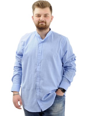 Mode Xl Büyük Beden Erkek Gömlek Uzun Kol Likralı Keten Gömlek U20385 Mavi
