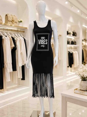 Lavin’s Luxury Good Vibes Püsküllü Siyah Midi Elbise ✨
