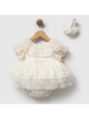 ministok Lily Rose Saç Aksesuarlı Arkası Fiyonklu Dantel Kız Bebek Romper