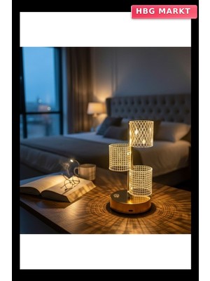 HBG Markt 3 Parça Silindirik Kristal Ekose Kareli LED Masa Lambası Gold Gövdeli, Doku