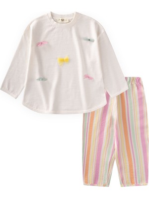 Cigit Oversize T-Shirt Pantolon Takım 2-10 Yaş Ekru Turuncu Çizgili