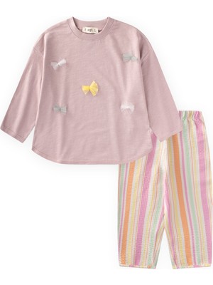 Cigit Oversize T-Shirt Pantolon Takım 2-10 Yaş Leylak Turuncu Çizgili