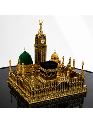 Vien Home Lüks Mescid-I Haram Dekoratif Masa Saati – Kabe, Mescid-I Nebevi ve Saat Kuleli Poliester Biblo (28 Cm)