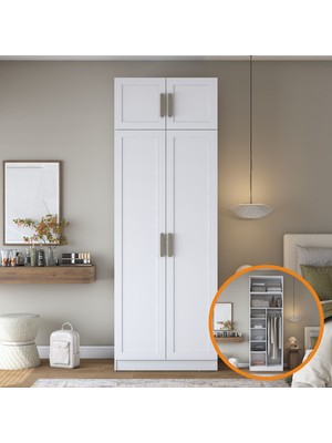Rani Mobilya Rani BA349 Membran Kapaklı Gardırop 2 Kapaklı 6 Raflı Askılı Elbise Dolabı Beyaz