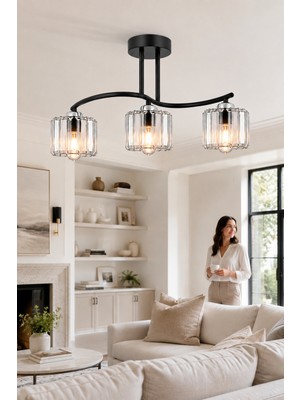 Esslight Ahu 3'lü Siyah Plafonyer Kristal Taşlı Avize Salon Mutfak Yatak Odası