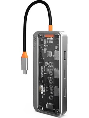 Ankaverse Ally SW1V-PRO Type-C To Usb3.0 3ADET+ 3.5mm+ Hdmı+ Vga+ Sd + Tf + Ethernet Çoğaltıcı Transparan HUB-(5775)