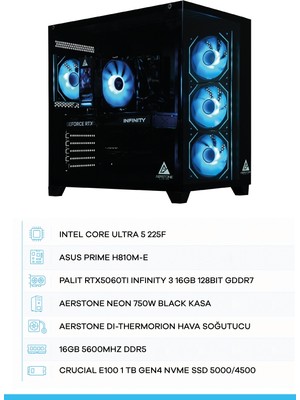 Aerstone | Neon | Rtx 5060TI | Intel Ultra 5 225F | 16 GB Ddr5 Ram | 1tb SSD | Hava Soğutucu | Oyuncu Oem Paket
