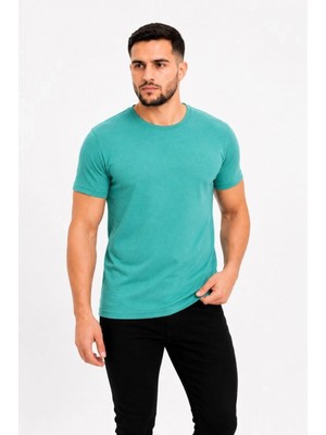 Hace Bazaar Erkek Basic Tişört Bisiklet Yaka Kısa Kol Günlük Yazlık Slim Fit T-Shirt - Su Yeşili