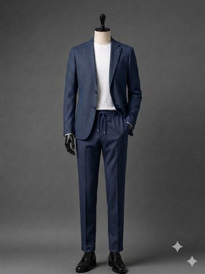 Atk Giyim Erkek Beli Ipli ve Lastikli Smart Casual Takım Elbise - Iki Düğmeli Mono Yaka Slim Fit Ceket & Pantolon Seti