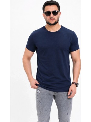 Hace Bazaar Erkek Basic Tişört Bisiklet Yaka Kısa Kol Günlük Yazlık Slim Fit T-Shirt - Lacivert