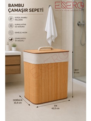 Esero Bambu Çamaşır Sepeti Kapaklı Kumaş Astarlı Geniş Hacimli Banyo Kirli Çamaşır Sepeti Büyük