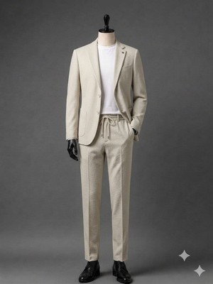 Atk Giyim Erkek Beli Ipli ve Lastikli Smart Casual Takım Elbise - Iki Düğmeli Mono Yaka Slim Fit Ceket & Pantolon Seti