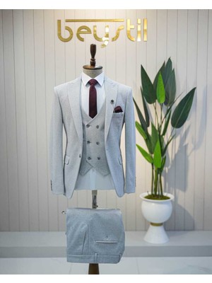 Beystil Sivri Yaka Açıkgri Yelekli Takım Elbise Elanor - Slim Fit