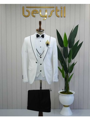Beystil Sivri Yaka Beyaz Yelekli Damatlık & Smokin Takım Y75 - Slim Fit