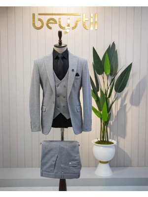 Beystil Sivri Yaka Gri Yelekli Takım Elbise Elanor- Slim Fit