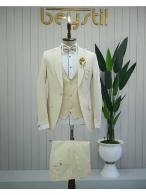 Beystil Sivri Yaka Krem Yelekli Damatlık & Smokin Takım Y92 -Slim Fit